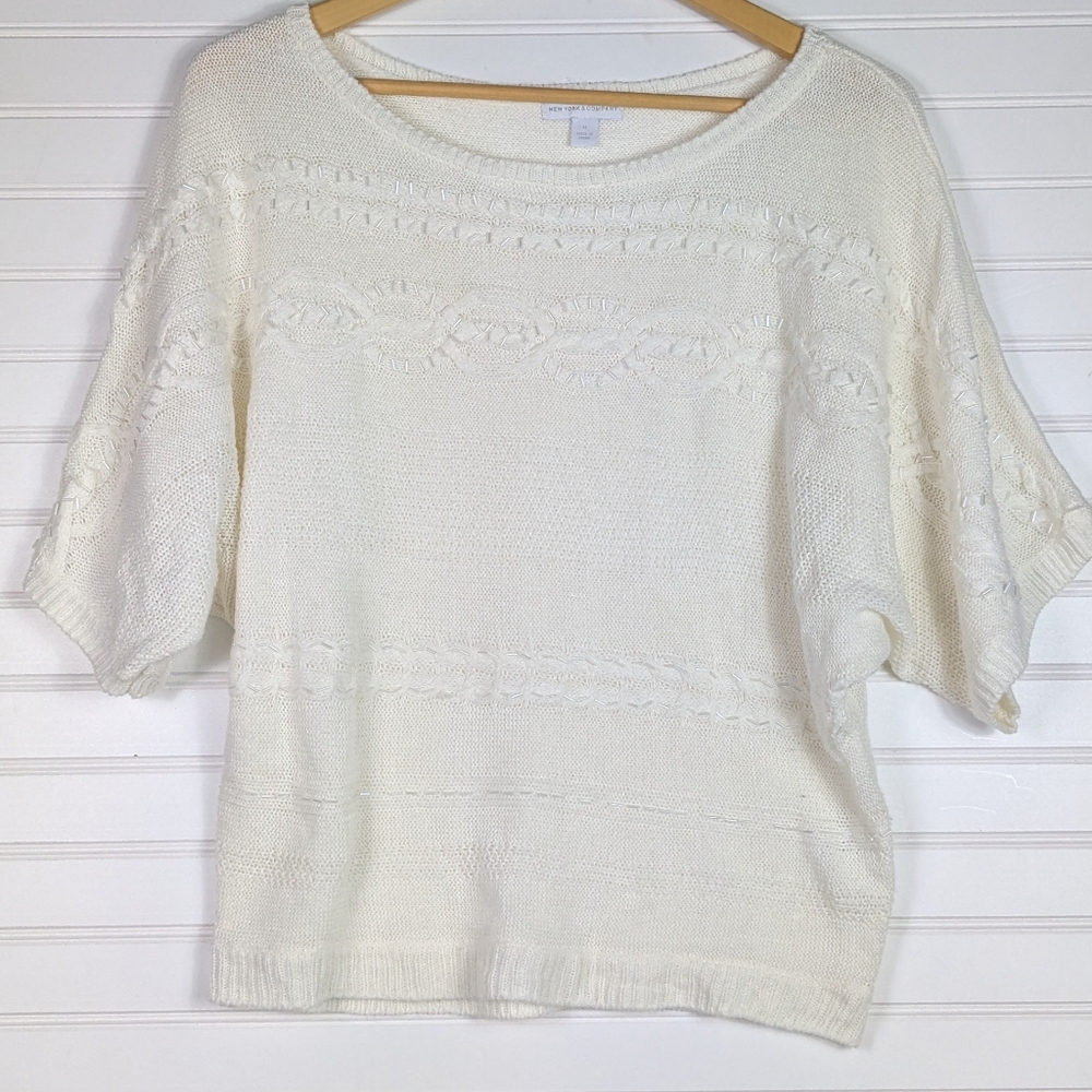 NY&C Sweater Beaded Cable Knit Batwing Dolman Cream Ivory 3/4 Sleeve Top M